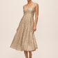 Gold Sequin Fit & Flare Midi Dress with Pleating - Front View - Le Chateau