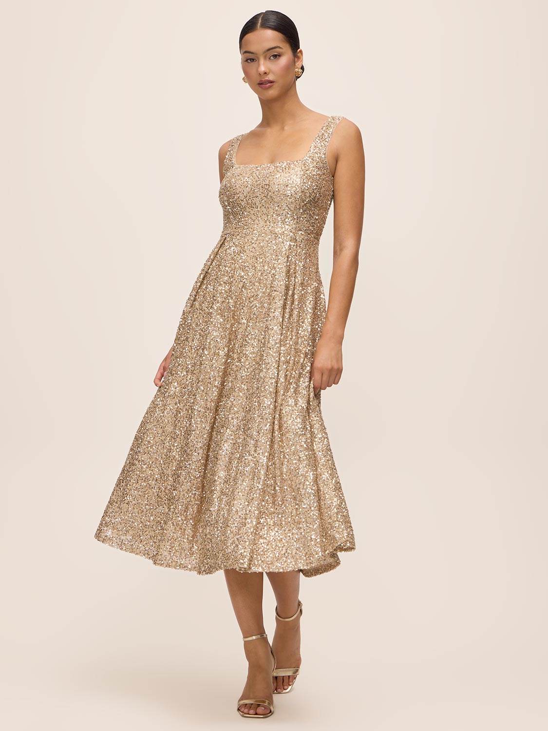 Gold Sequin Fit & Flare Midi Dress with Pleating - Front View - Le Chateau
