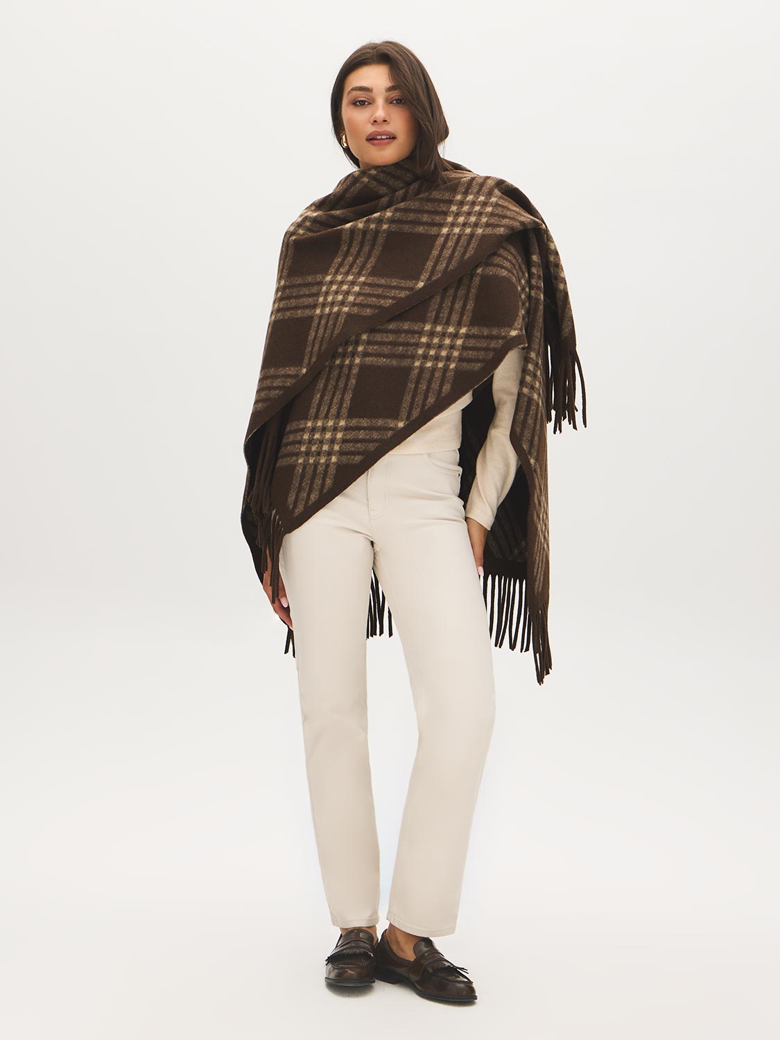 Brown Plaid Fringe Cape - Full Front View - Suzy Shier