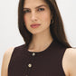 Milk Chocolate Sleeveless Knit Sweater Dress with Button Detail - Close-up Button Detail - Suzy Shier