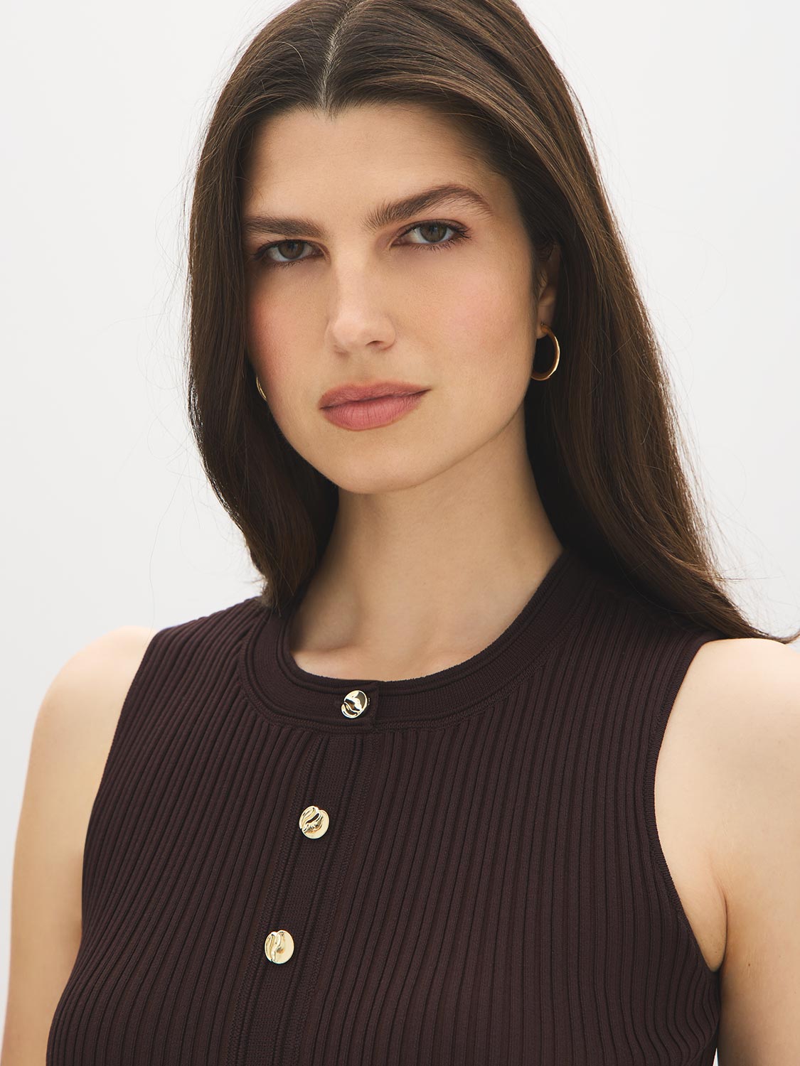 Milk Chocolate Sleeveless Knit Sweater Dress with Button Detail - Close-up Button Detail - Suzy Shier