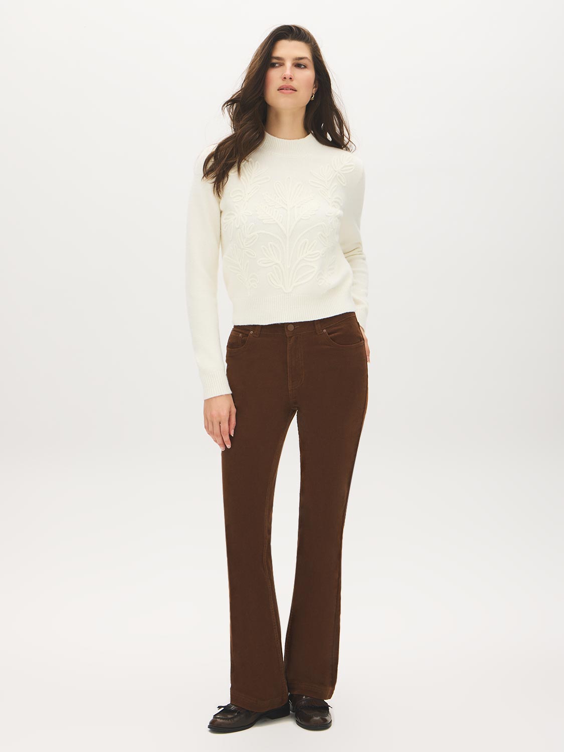 Ivory Mock Neck Sweater with Ribbed Trim - Front View - Suzy Shier