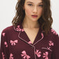 Burgundy Bows Print Pajama Set - Close-up Collar Detail - Suzy Shier