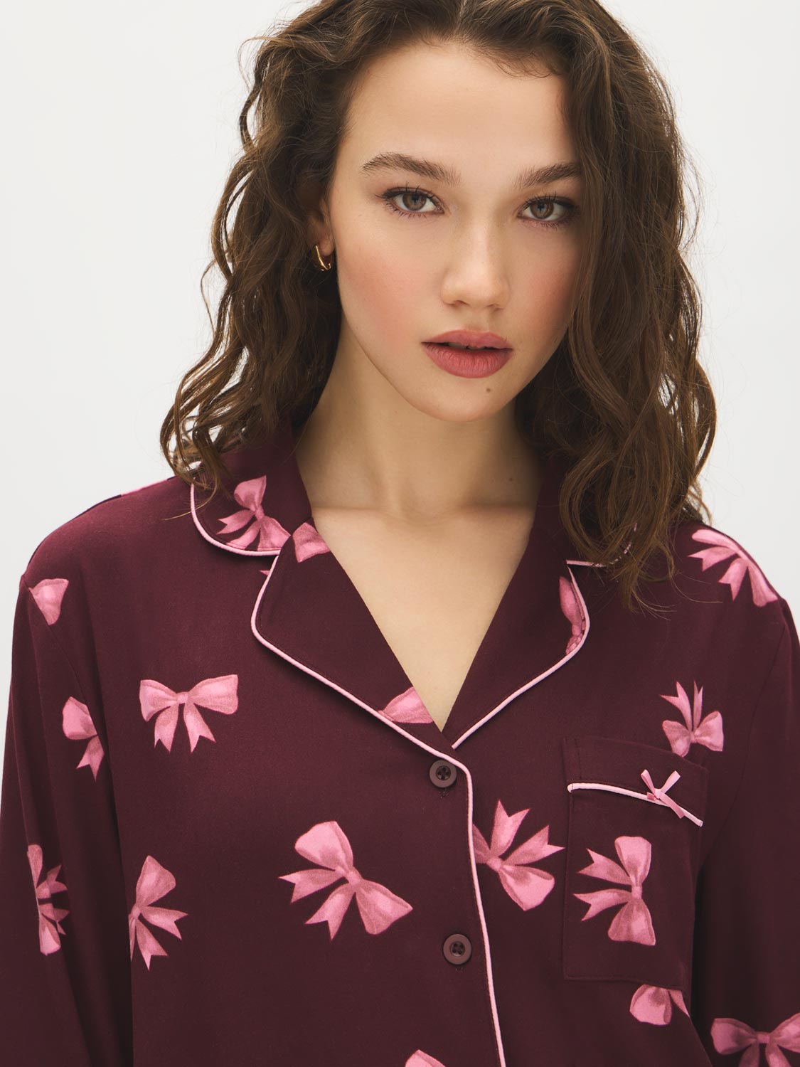 Burgundy Bows Print Pajama Set - Close-up Collar Detail - Suzy Shier