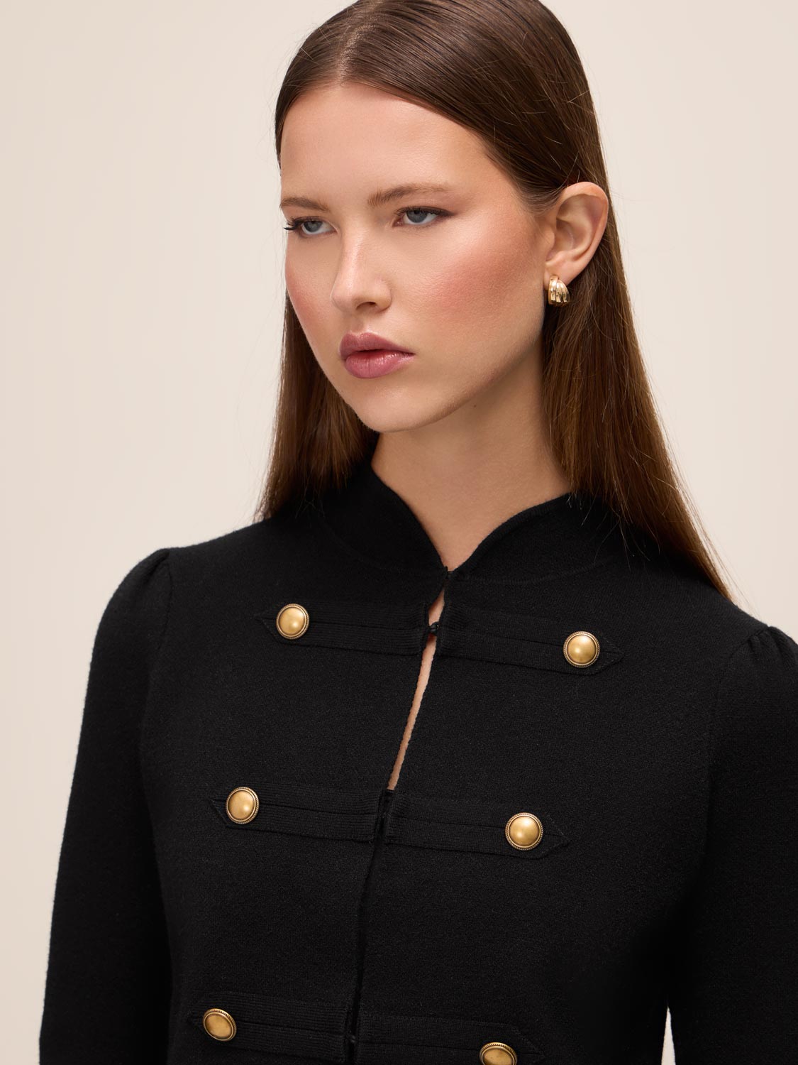 Black Military Style Knit Cardigan - Close-up Button Detail - Le Chateau