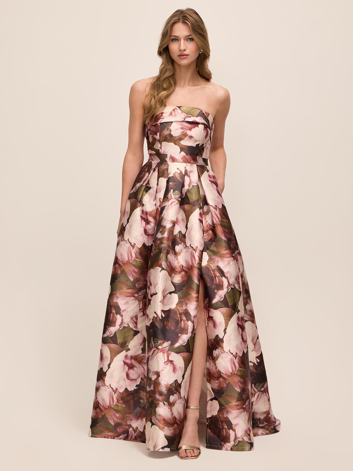 Black Cherry and Mauve Strapless Floral Print Ballgown - Woman Wearing Elegant Evening Dress - Le Chateau