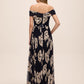 Dark Sapphire/Gold Off-Shoulder Metallic Crinkle Gown - Back View - Le Chateau