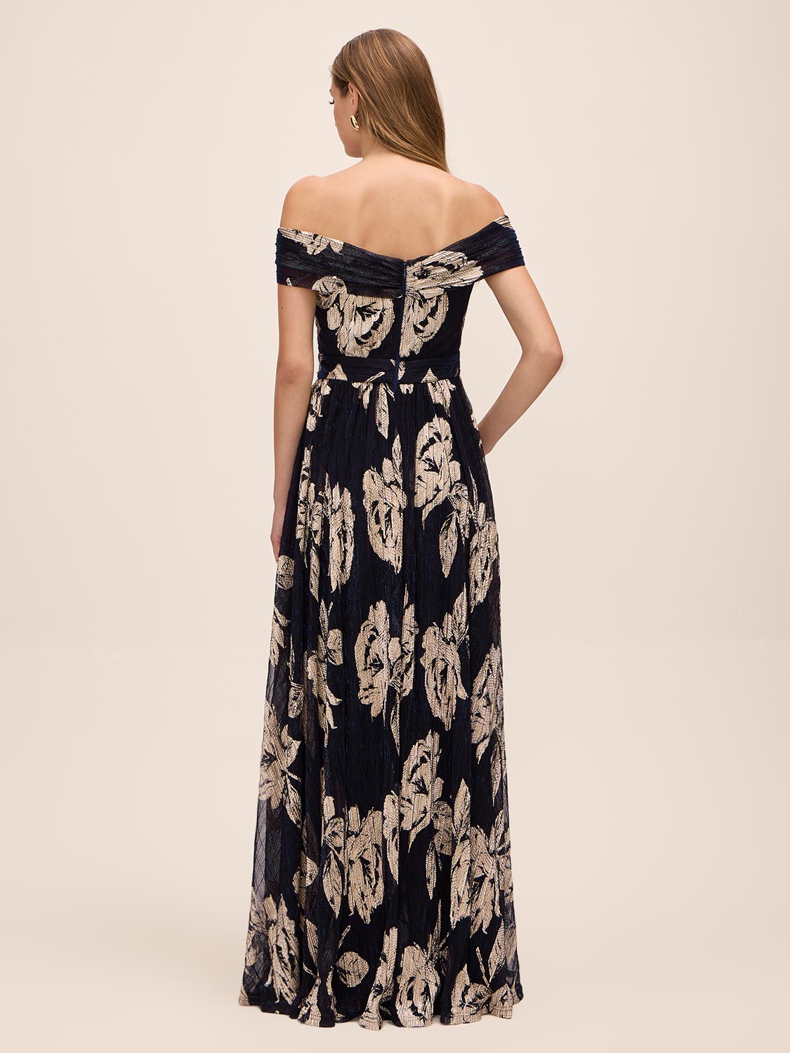 Dark Sapphire/Gold Off-Shoulder Metallic Crinkle Gown - Back View - Le Chateau