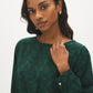 Scarab Flocked Popover Blouse with Pleated Shoulders - Close-up Fabric Detail - Suzy Shier