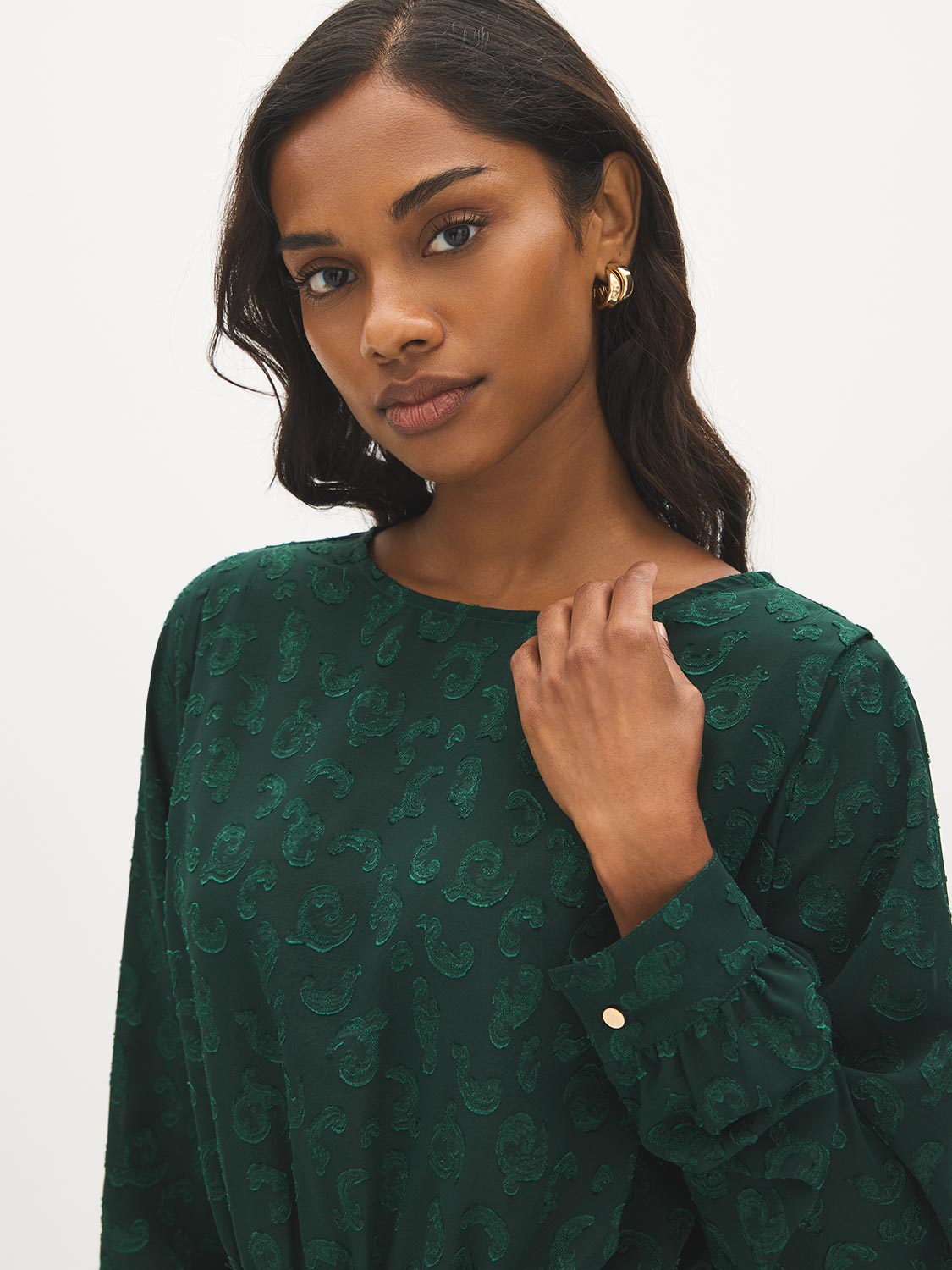 Scarab Flocked Popover Blouse with Pleated Shoulders - Close-up Fabric Detail - Suzy Shier