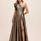 Antique Gold Jacquard One-Shoulder Ruffle Ballgown - Front View - Le Chateau