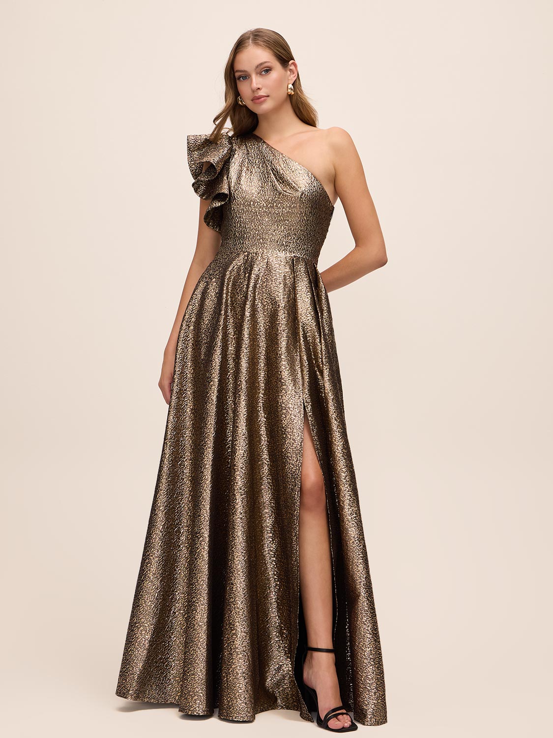 Antique Gold Jacquard One-Shoulder Ruffle Ballgown - Front View - Le Chateau