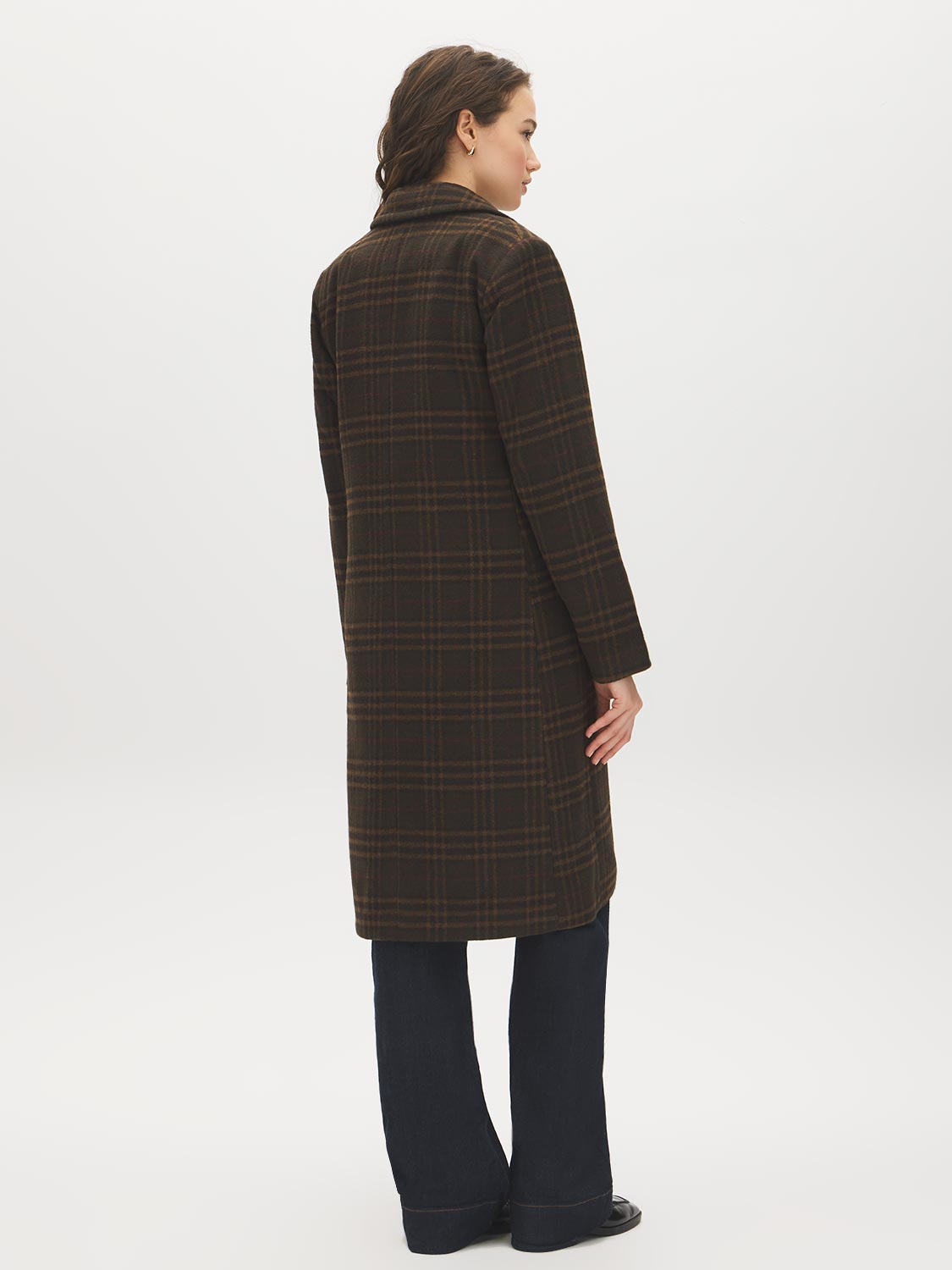 Plaid Brown Faux Wool Single-Breasted Coat - Back View - Suzy Shier