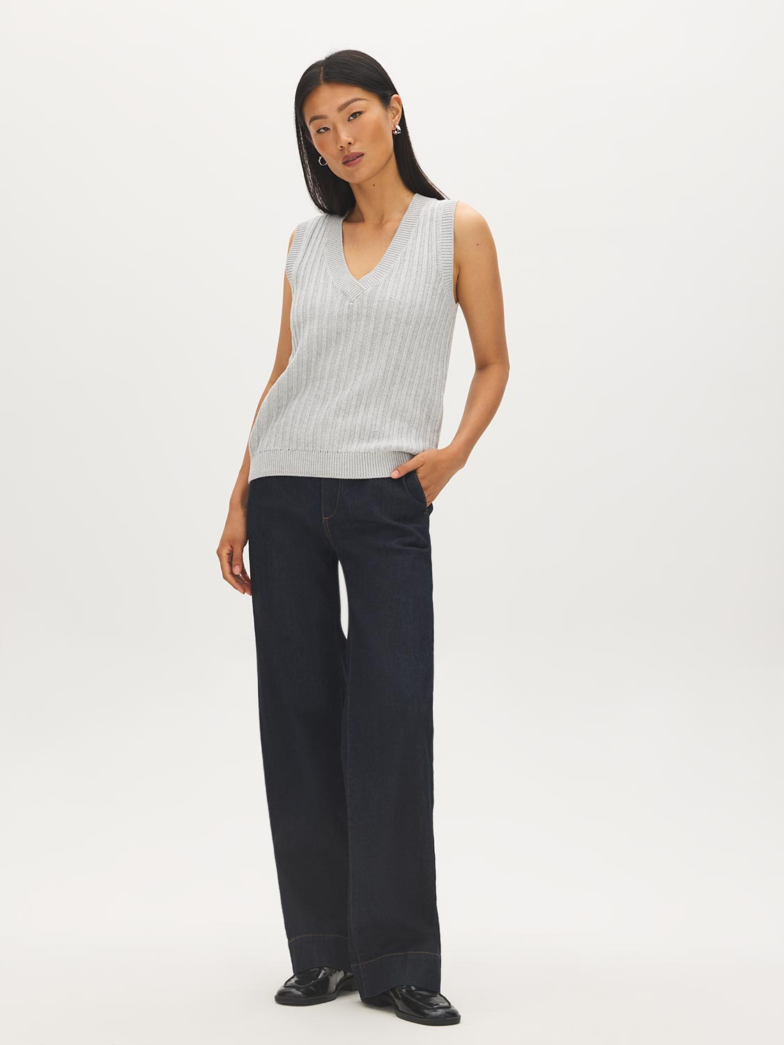 Light Grey Mix V-Neck Ribbed Sweater Vest - Front Full View - Suzy Shier