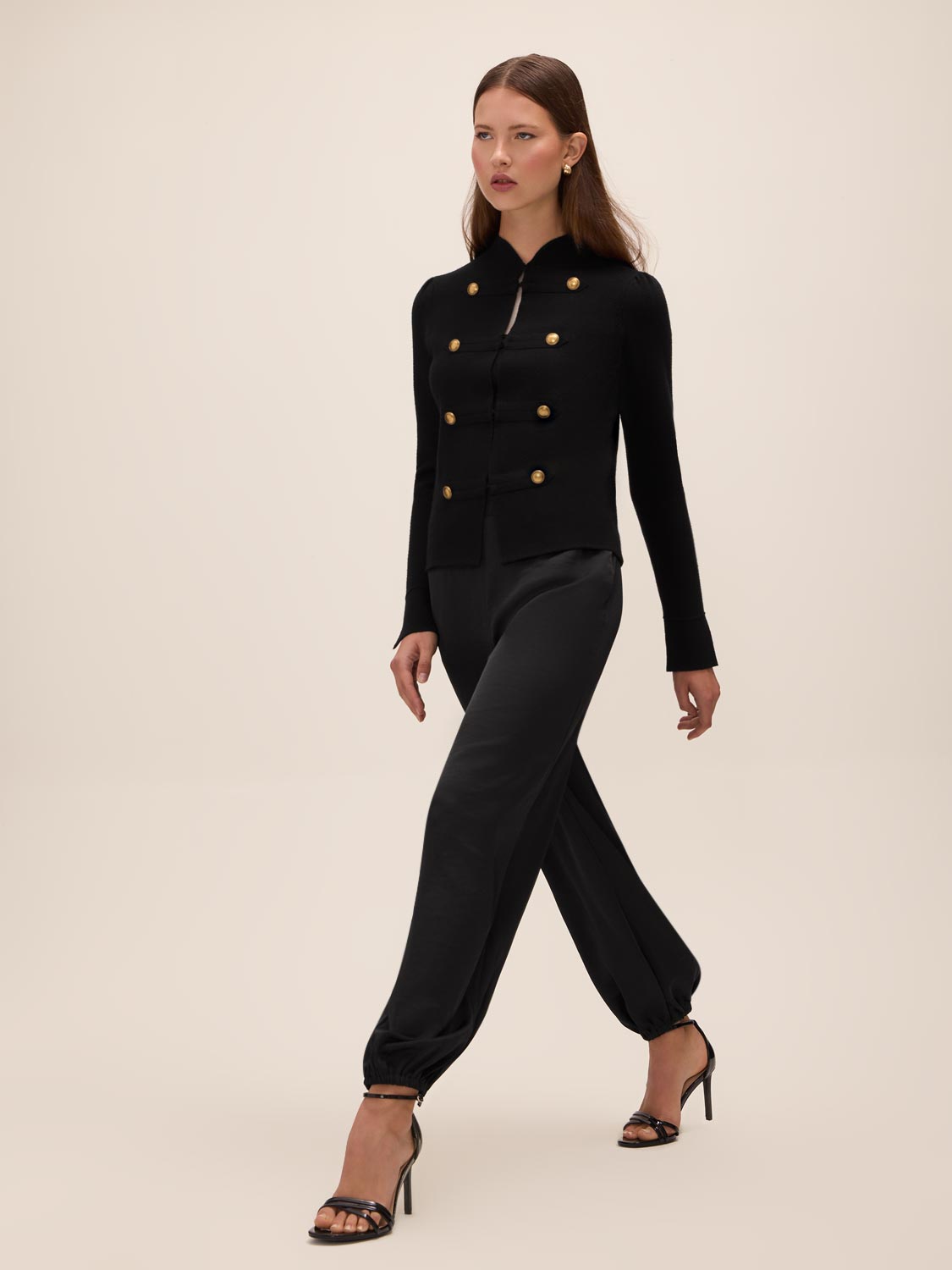 Black Military Style Knit Cardigan - Full Body View - Le Chateau