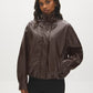 Brown Vegan Leather Bomber Jacket with Funnel Neck - Woman Wearing Vegan Leather Outerwear - Suzy Shier