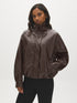 Brown Vegan Leather Bomber Jacket with Funnel Neck - Woman Wearing Vegan Leather Outerwear - Suzy Shier