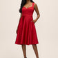 Red Satin Fit & Flare Sleeveless Midi Dress - Front View - Le Chateau