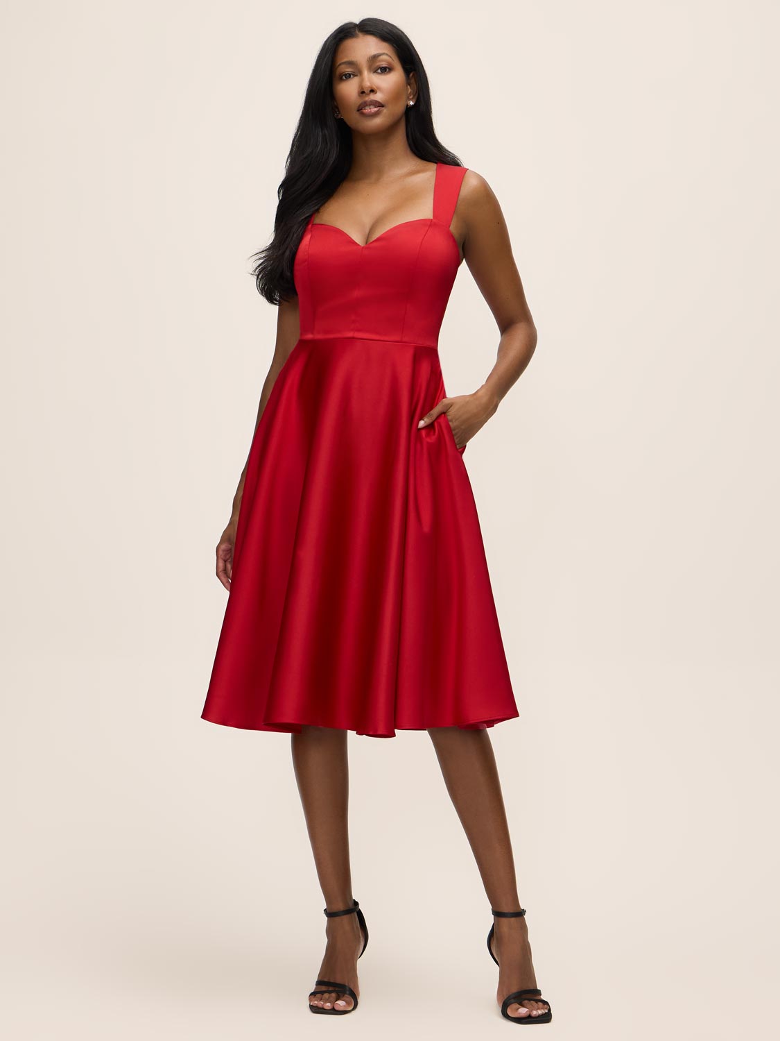 Red Satin Fit & Flare Sleeveless Midi Dress - Front View - Le Chateau