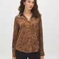 Soft Silt Paisley Print Satin-Like Blouse - Woman Wearing V-Neck Button-Up Blouse - Suzy Shier