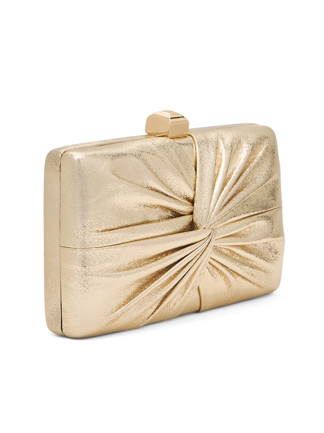 Gold Woven Pleated Metallic Clutch Bag - Side Profile View - Le Chateau