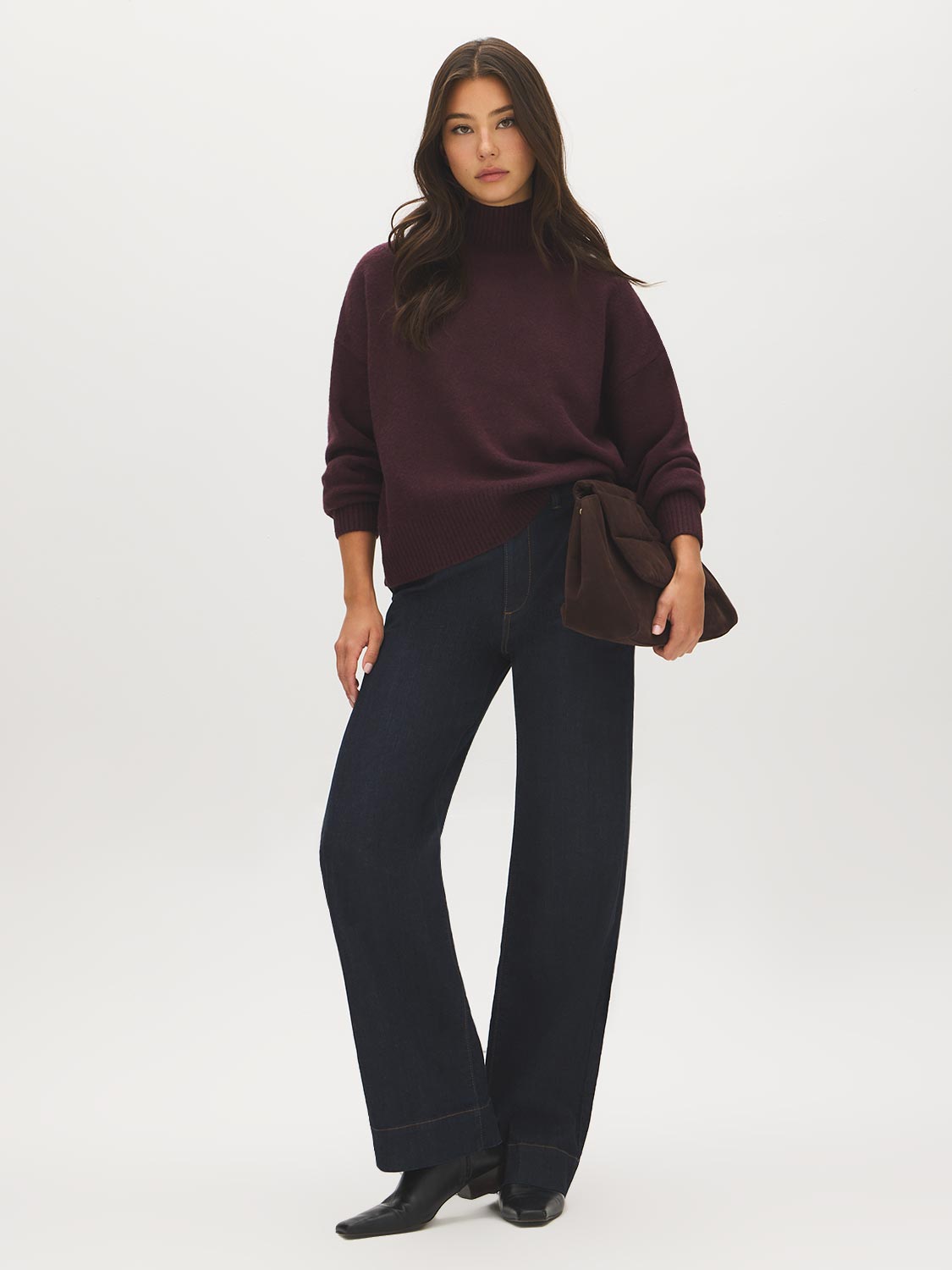Winetasting Mock Neck Drop Shoulder Sweater - Front View - Suzy Shier
