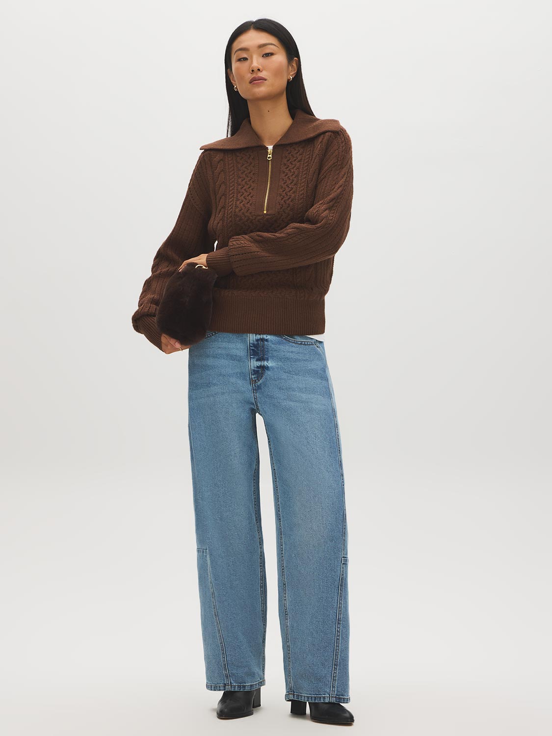 Orzo Brown Quarter-Zip Cable Knit Sweater - Front View - Suzy Shier