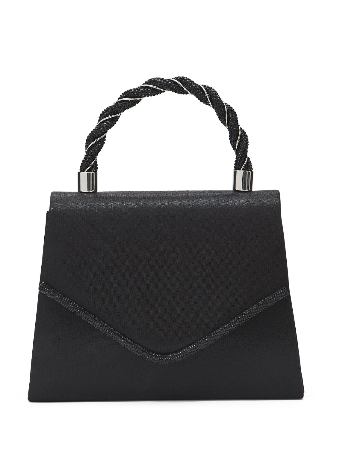 Black Woven Lurex Bag with Jeweled Top Handle - Structured Evening Bag with Sparkling Handle - Le Chateau