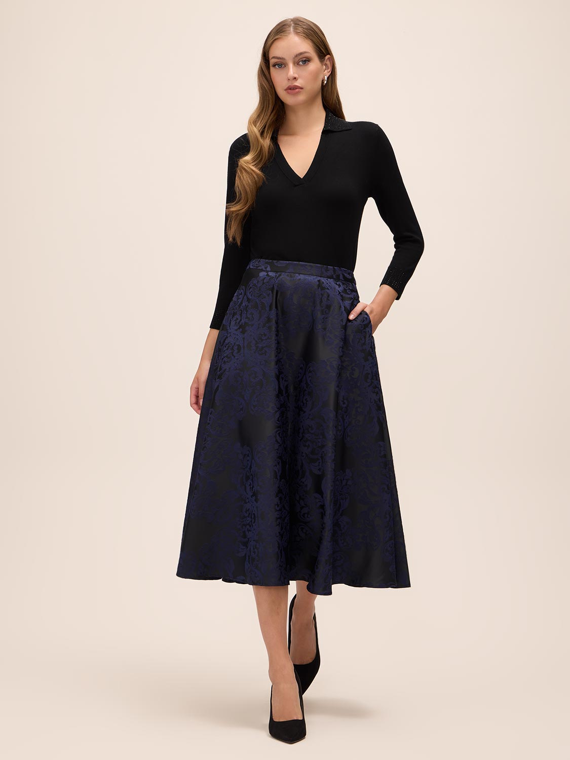 Sapphire/Black Baroque Jacquard Flared Skirt - Front View - Le Chateau