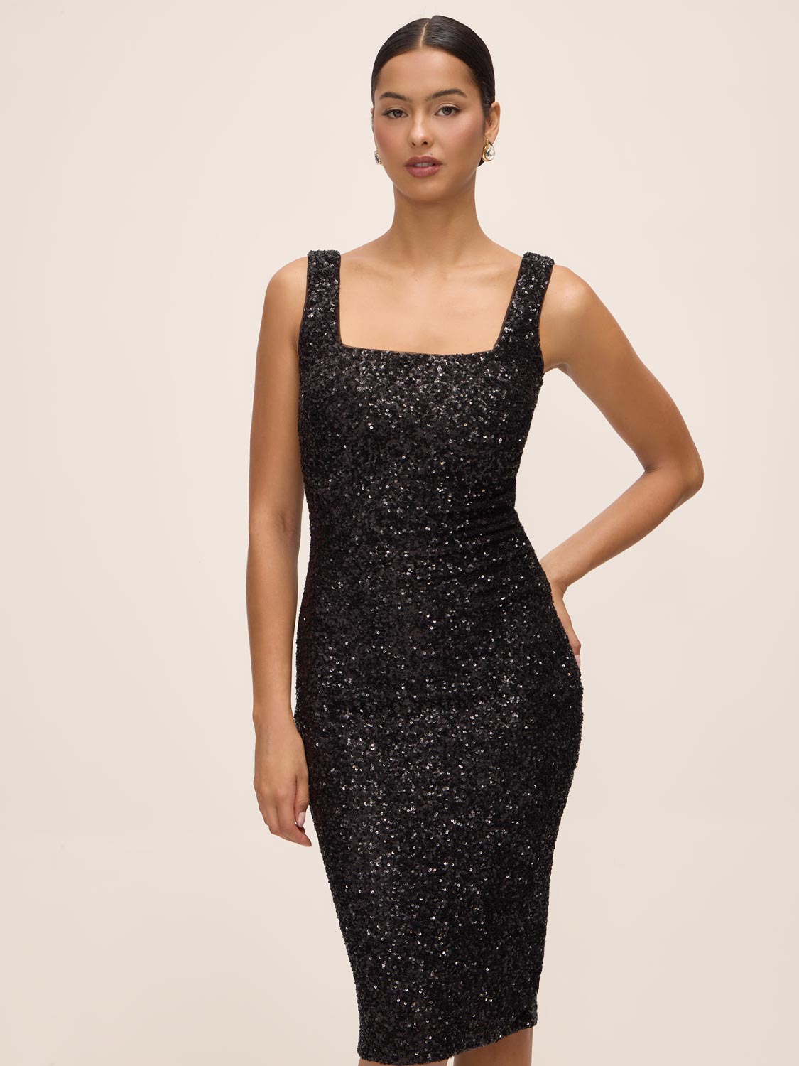 Black Square Neck Sleeveless Sequin Sheath Dress - Front View - Le Chateau