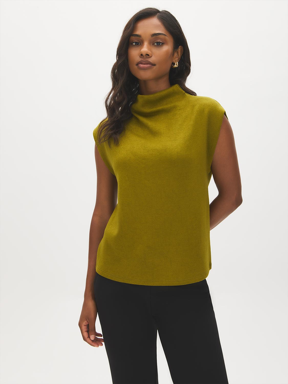 Guacamole Sleeveless Mock Neck Sweater Knit Top - Woman Wearing Soft Boxy Knit Top - Suzy Shier