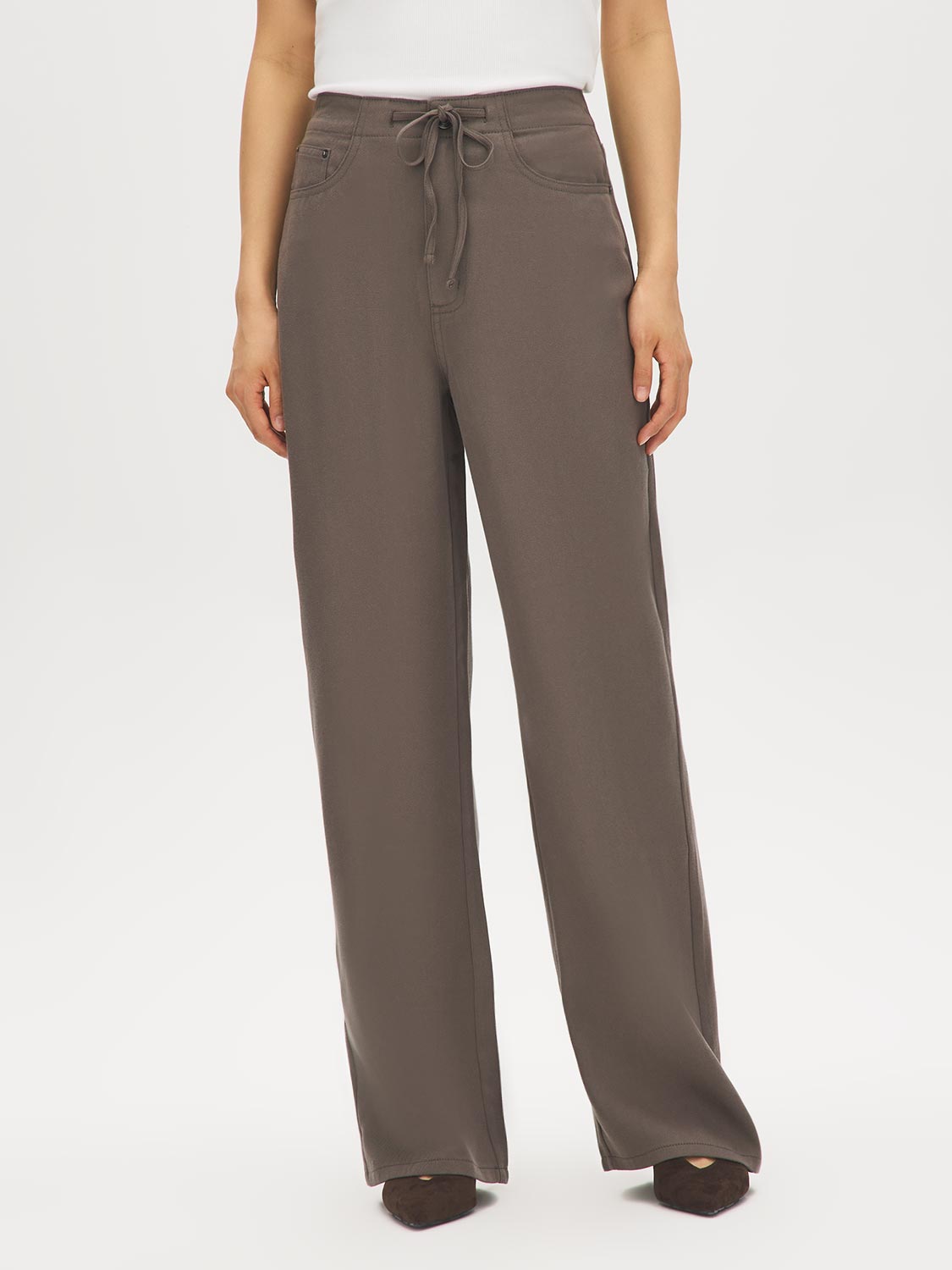 Dark Driftwood Brushed Tencel Straight Leg Pants - Front View - Suzy Shier