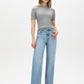 Medium Stone Wash Straight Leg Denim with Wide Hem - Woman Wearing Midrise Denim Pants - Suzy Shier