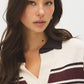 Brown/Burgundy/Dove Stripe Knit Polo Sweater - Collar Detail - Suzy Shier