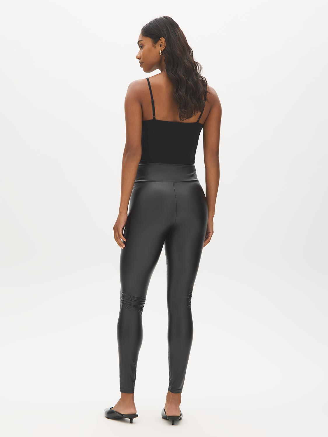 Black Faux Leather Wide Waistband Leggings - Back View - Suzy Shier
