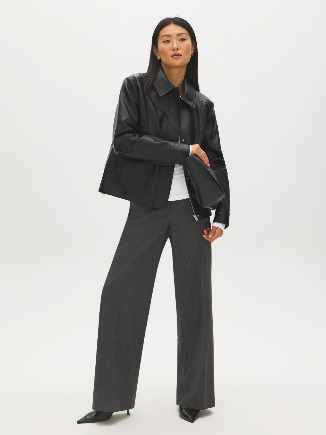 Black Oversized Faux Leather Utility Jacket - Front View - Suzy Shier