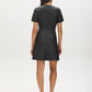 Jet Black Mini Faux Leather Dress with Belted Waist - Back View - Suzy Shier
