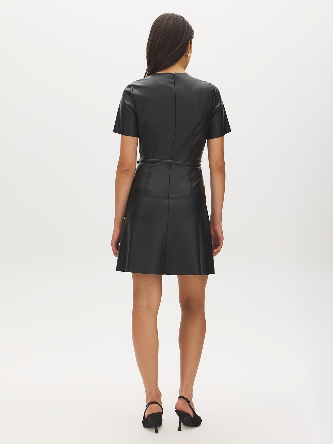 Jet Black Mini Faux Leather Dress with Belted Waist - Back View - Suzy Shier