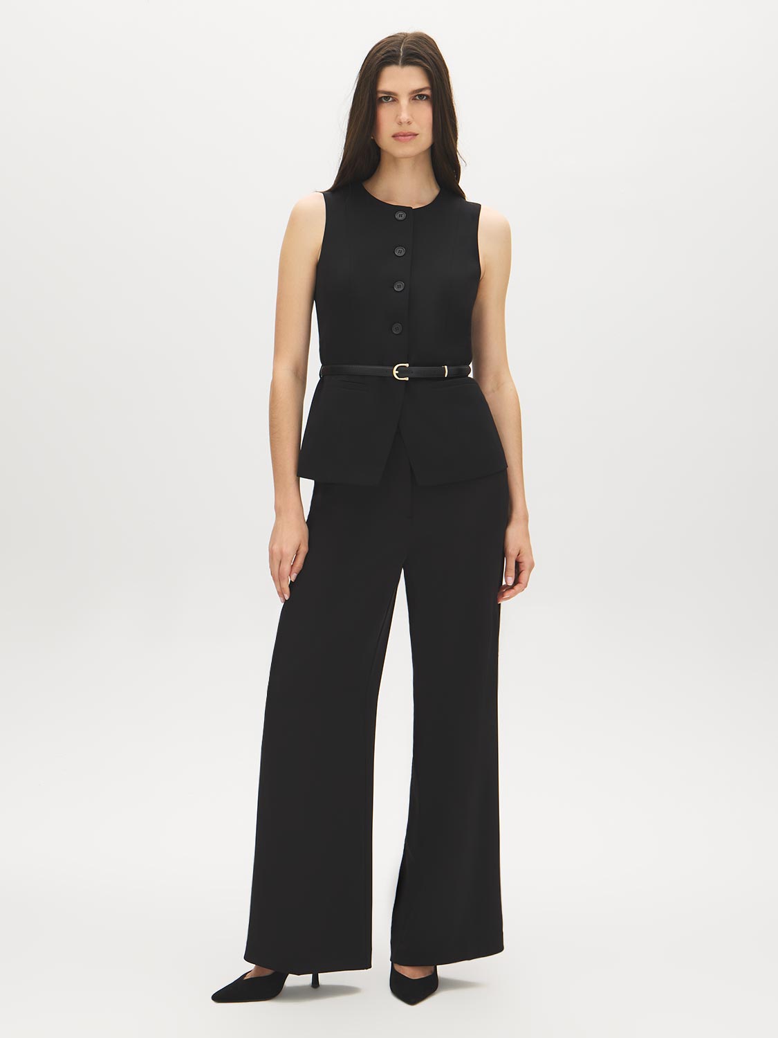 Black Button-Front Belted Knit Vest - Front View - Suzy Shier