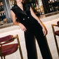 Black Velour Wide Leg Pant with Crystal Buttons - Luxurious Evening Wear Trousers - Le Chateau
