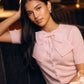 Pink Dust Short Sleeve Cardigan with Organza Bow - Woman Wearing Knit Sweater - Le Chateau
