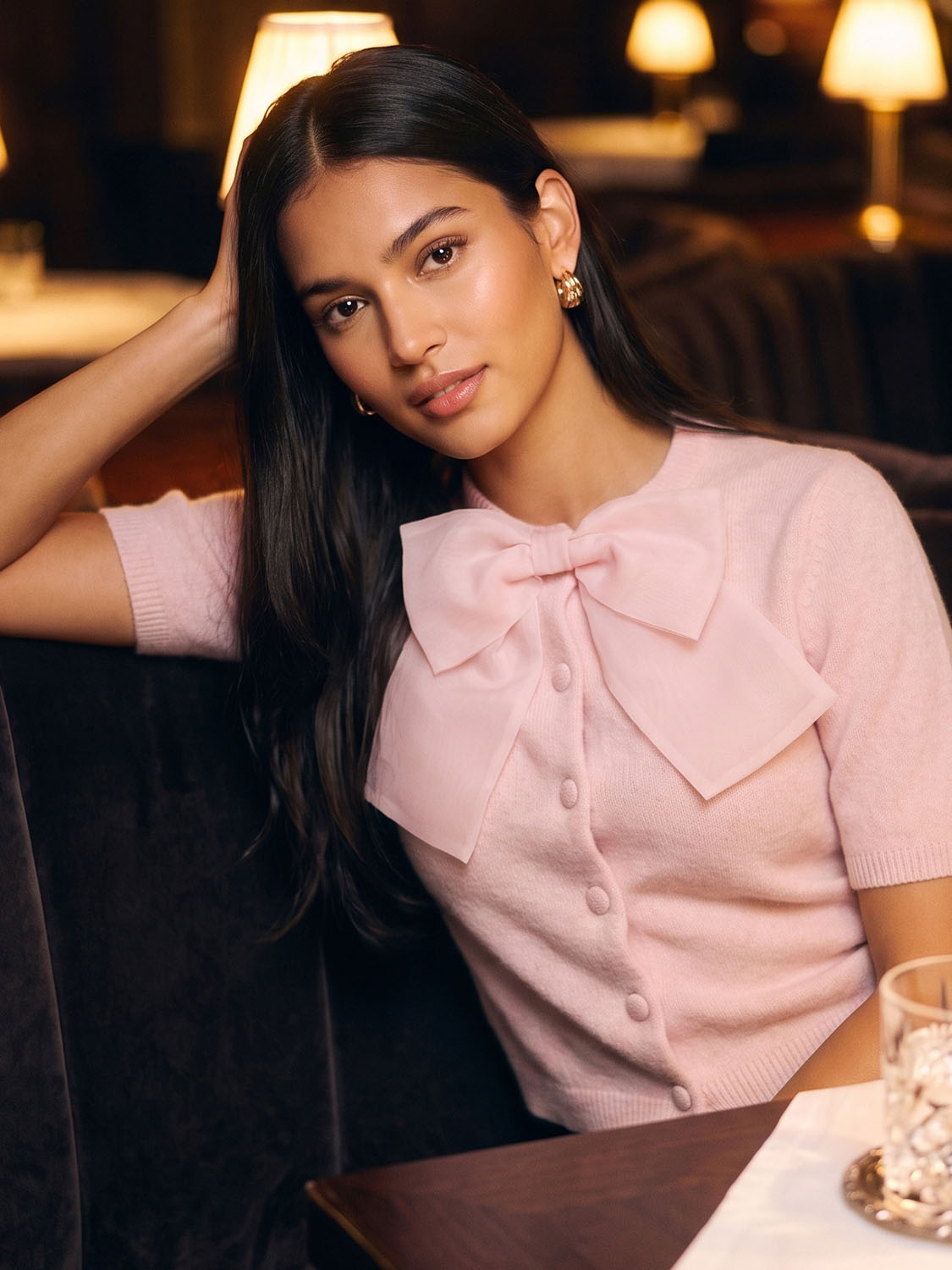 Pink Dust Short Sleeve Cardigan with Organza Bow - Woman Wearing Knit Sweater - Le Chateau