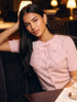 Pink Dust Short Sleeve Cardigan with Organza Bow - Woman Wearing Knit Sweater - Le Chateau
