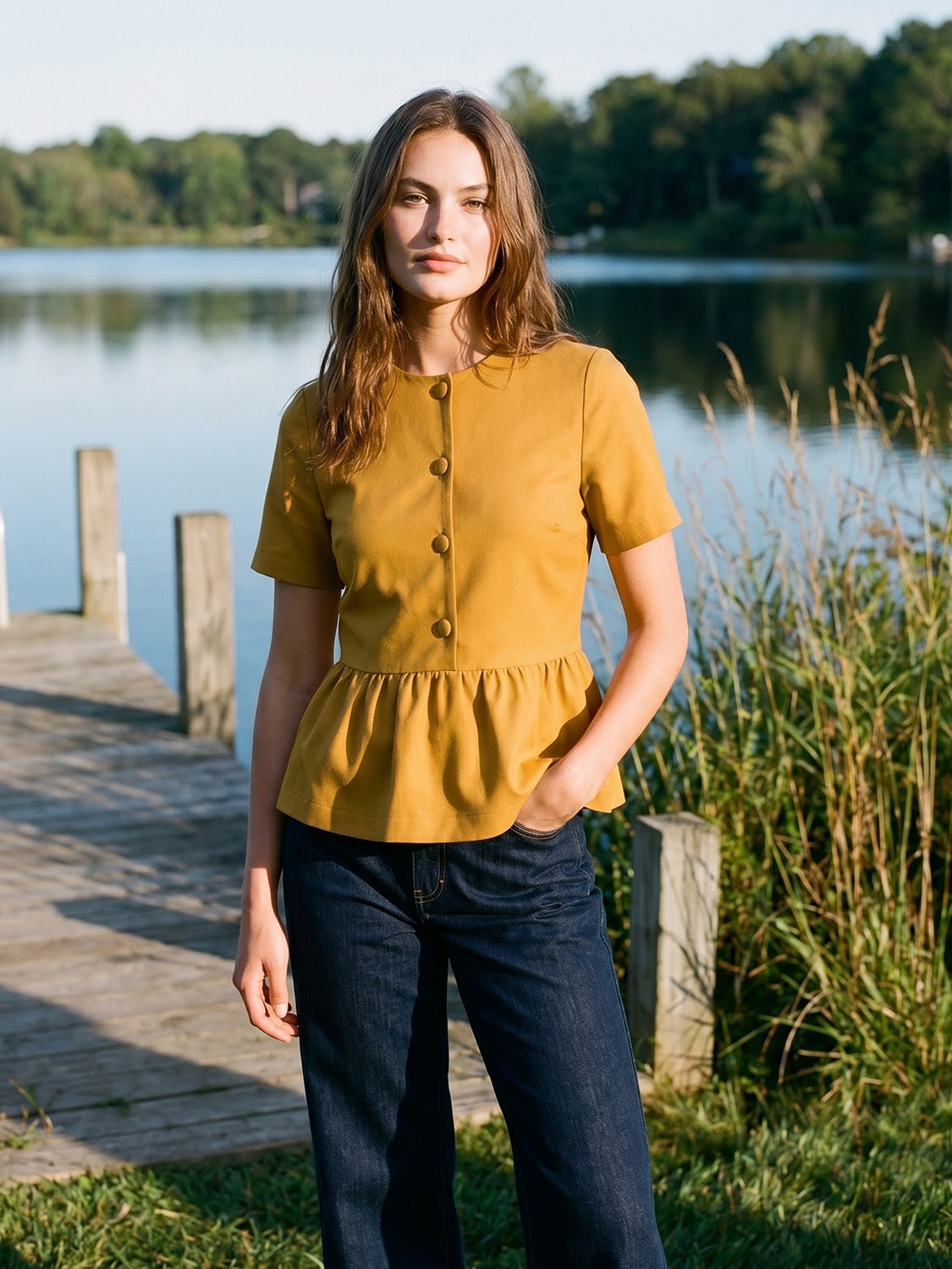 Wood Thrush Peplum Button-Front Knit Top - Woman Wearing Crew Neck Peplum Blouse - Suzy Shier