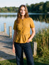 Wood Thrush Peplum Button-Front Knit Top - Woman Wearing Crew Neck Peplum Blouse - Suzy Shier