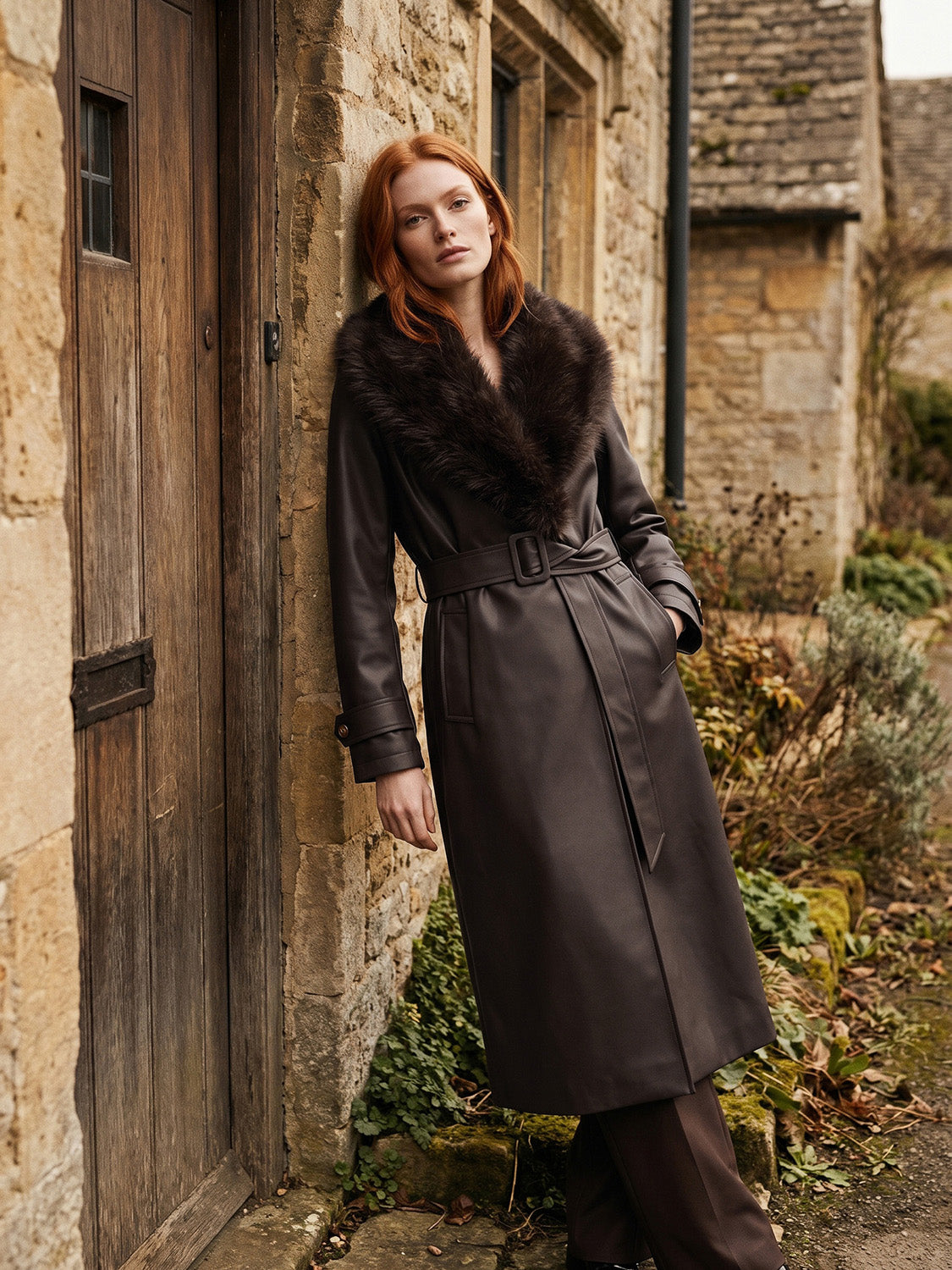 Brown Long Vegan Leather Coat with Removable Faux Fur Collar - Woman Wearing Belted Outerwear - Suzy Shier