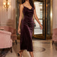 Dark Raisin Cowl Neck Velour Knit Dress - Woman Wearing Midi Dress with Front Slit - Suzy Shier
