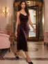 Dark Raisin Cowl Neck Velour Knit Dress - Woman Wearing Midi Dress with Front Slit - Suzy Shier