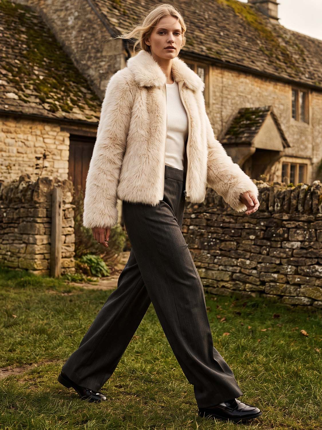 Cream Faux Fur Zip Front Jacket - Woman Wearing Plush Short Jacket - Suzy Shier