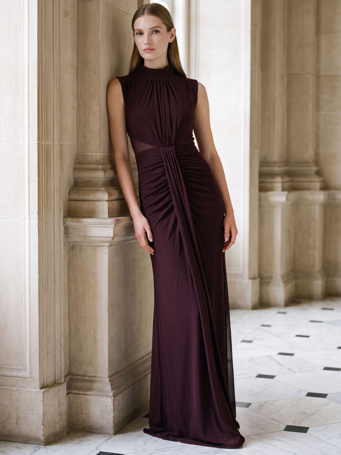 Black Cherry Sleeveless Mesh Gown with Mock Neck - Woman Wearing Elegant Floor-Length Dress - Le Chateau
